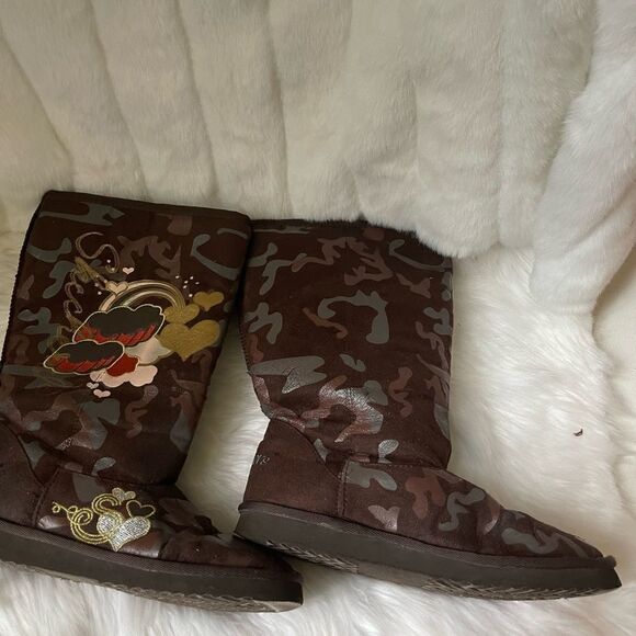 Skechers brown faux suede graphic design faux fur lining calf boots size… - Picture 2 of 12